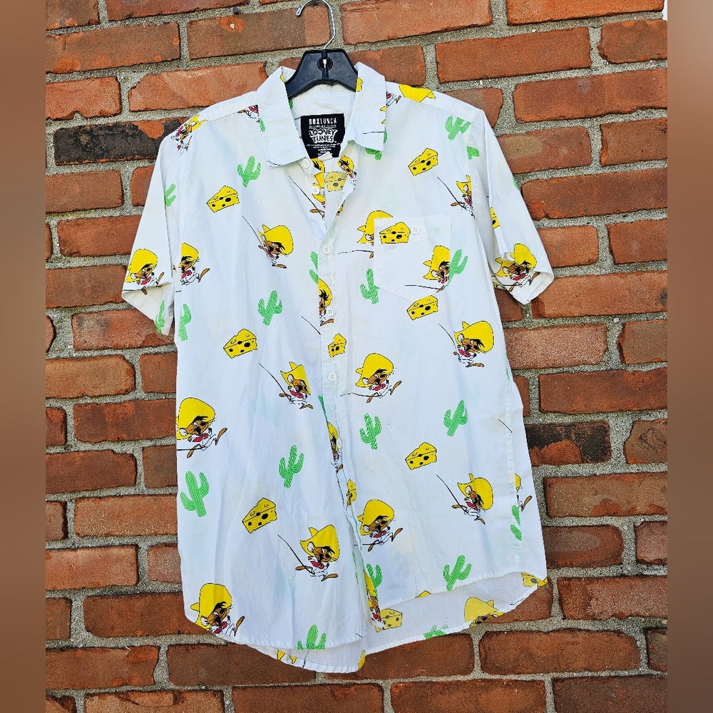 BoxLunch x Looney Tunes Speedy Gonzales Cheese Print Button-Up – Size M